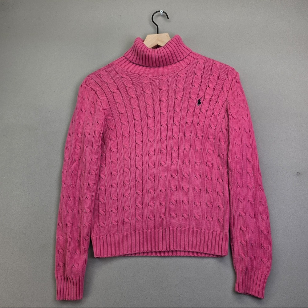 Ralph Lauren Sport Cable Knit Turtleneck Sweater Womens M Hot Pink Cotton Preppy